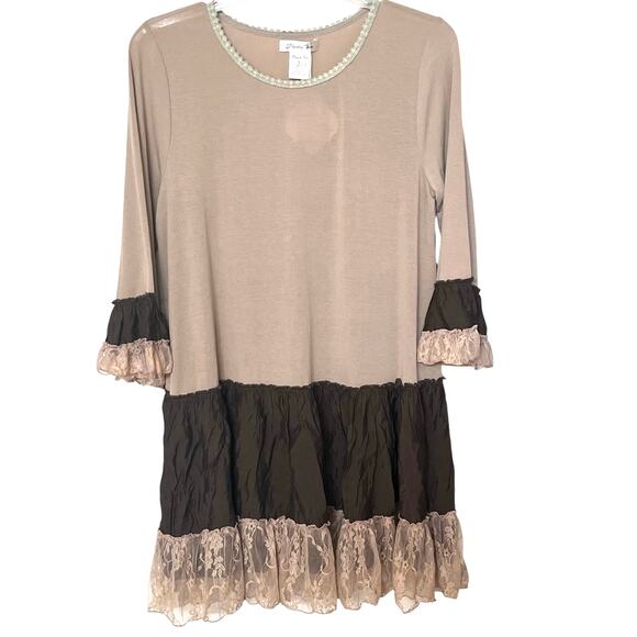 PAISLEY VINE LONG BELL SLV RND NECK MIDI BOHEMIAN DRESS, WOMENS-L-TAN & BRN, NWT - Picture 1 of 11